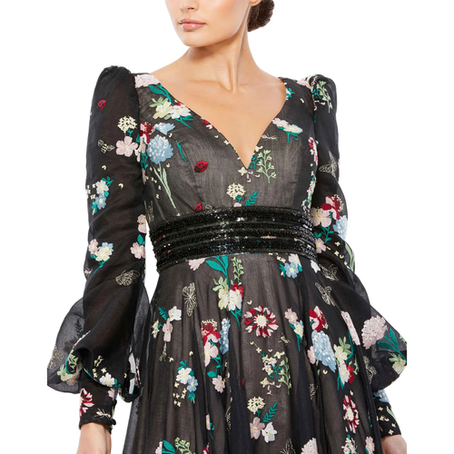 Pre-owned Mac Duggal 79361 Embroidered Bishop Sleeve V Neck Flowy Gown Black Multi 14