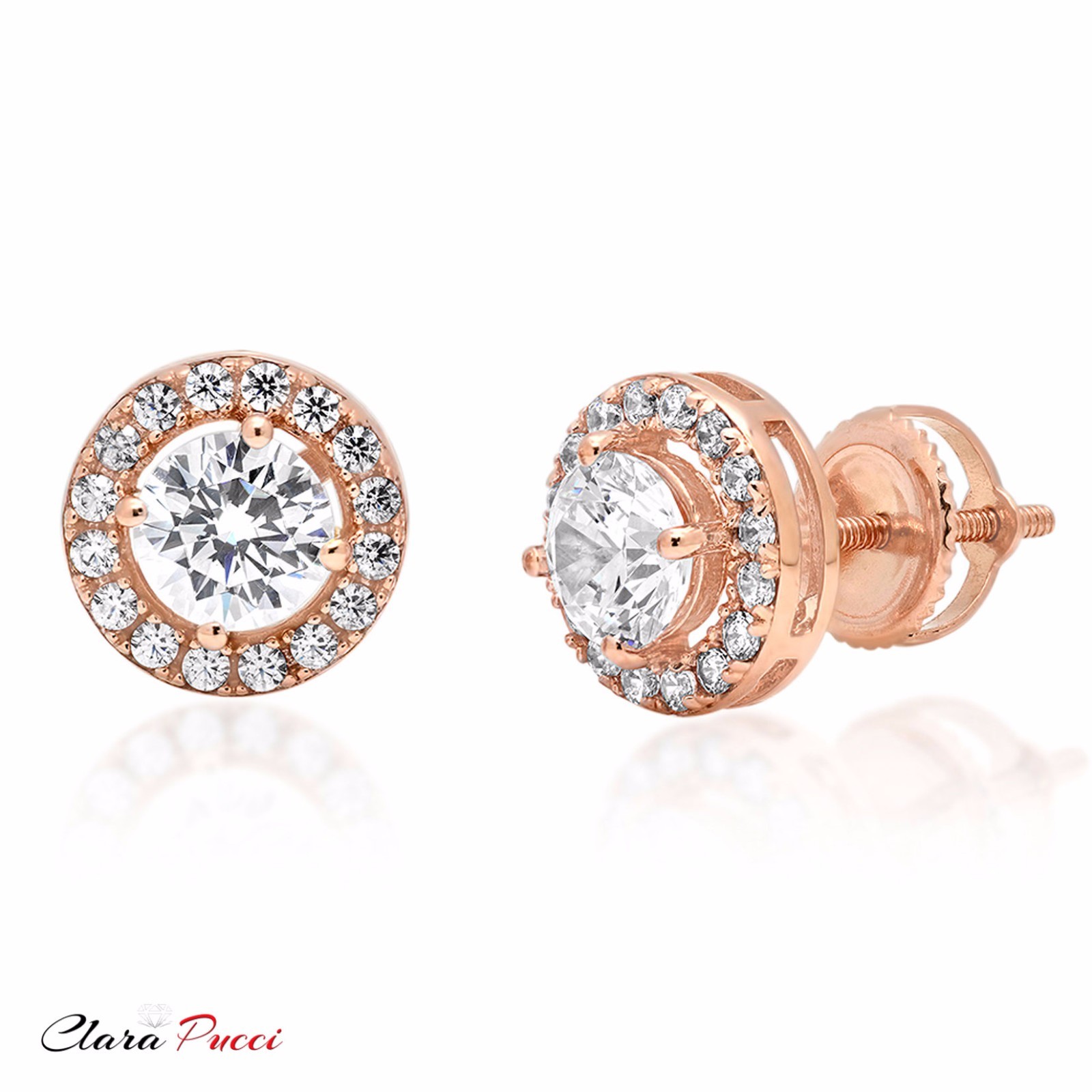 Pre-owned Pucci 1.6ct Round Cut Simulated Diamond Stud Halo Solitaire Earrings 14k Rose Gold