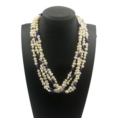 Vintage Multi Strand Faux Pearls Plastic Blue & Gold Tone Beads Necklace 18