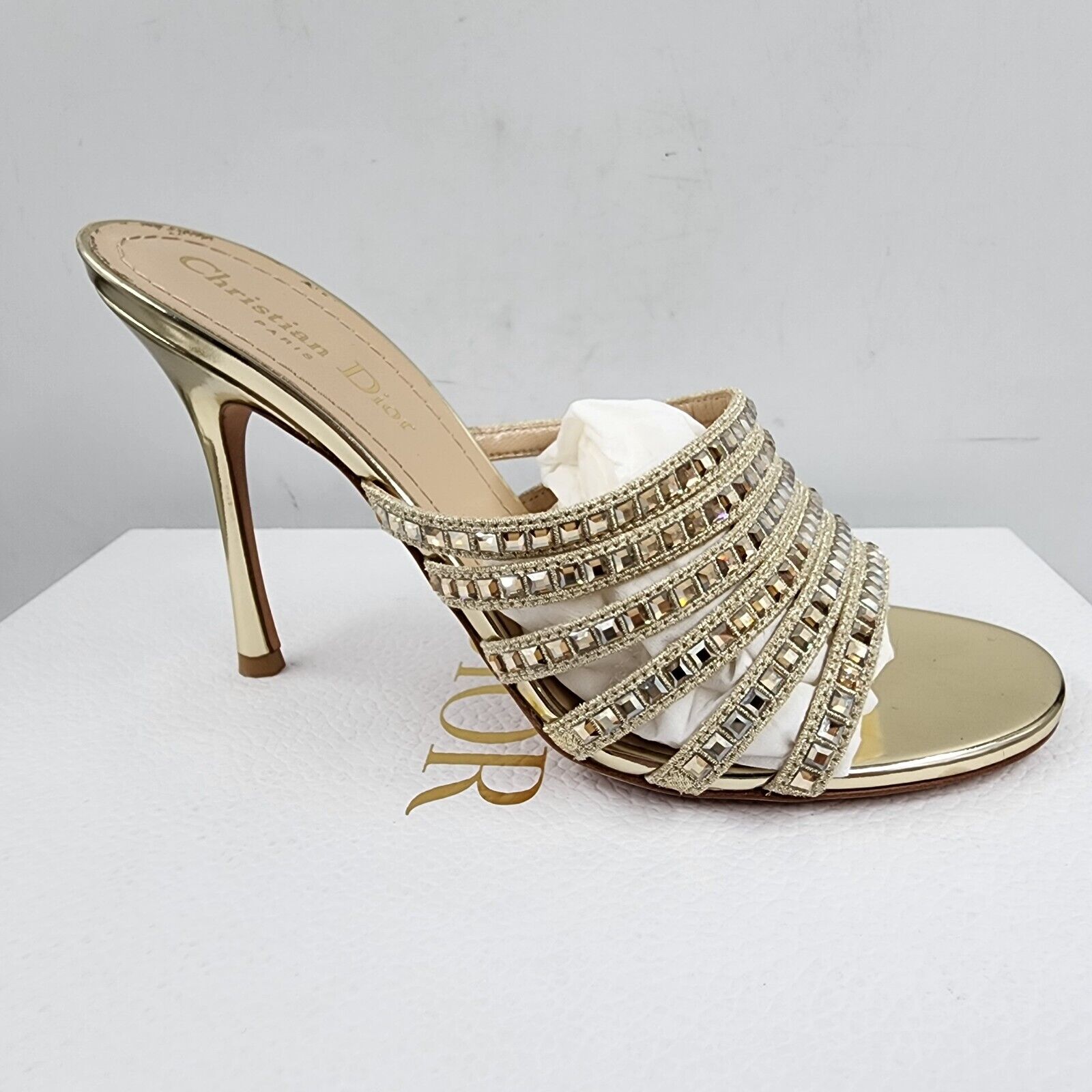 DIOR Gem High-Heeled Mule Sandals Women's 37/7US Light Gold Embellished Slip On - Picture 14 of 20