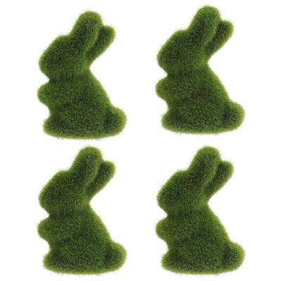 4 Pcs Easter Moss Bunny Figurine Furry Flocked Green Standing Rabbit Statue D...