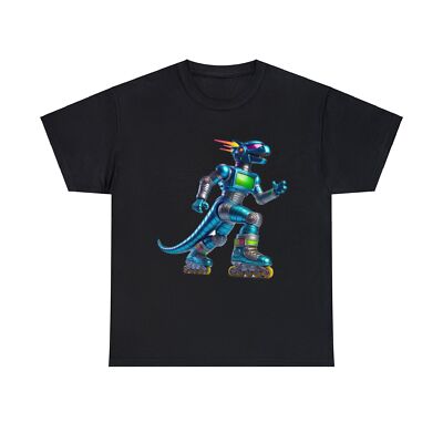 Unisex Adult T Shirt "Roller Raptor" Dazzling Robot Dinosaur on Roller Skates