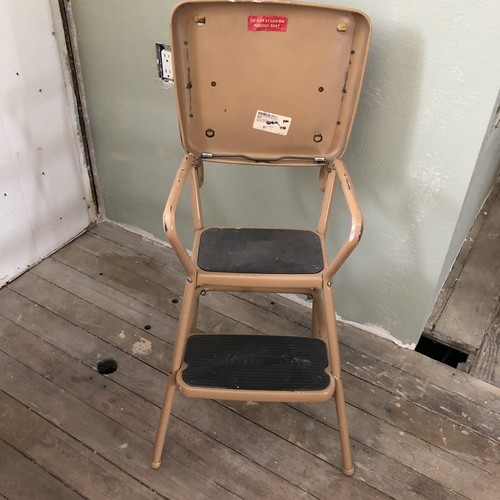 Vintage Mid Century Cosco 2-Step Stool Chair Flip Up Original Seat Tan Nice!