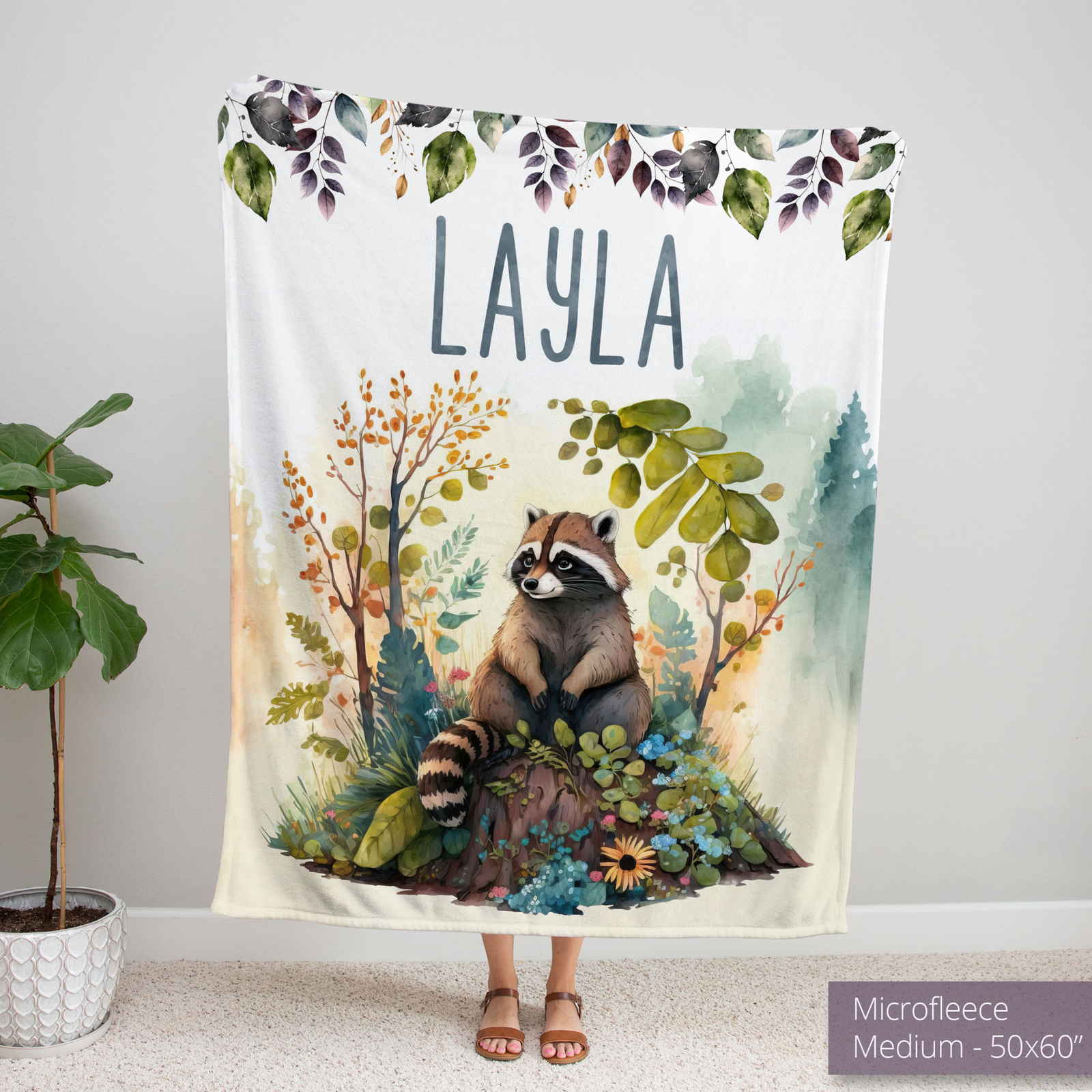 Racoon Blanket - Personalized Woodland Forest Fleece Throw Custom Kids Baby Gift