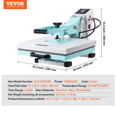 VEVOR Heat Press Machine 15x15 in Slide Out Heat Transfer Machine T-Shirts Green