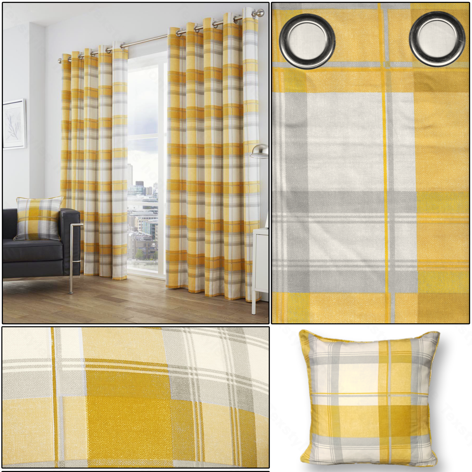 Ochre Yellow Curtains Balmoral Tartan Check Lined Eyelet Ring Top