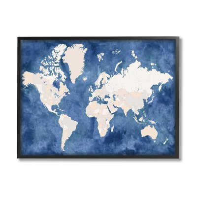 Stupell Country Border World Map Deep Blue Ocean Framed Wall Off-White 16 x 20