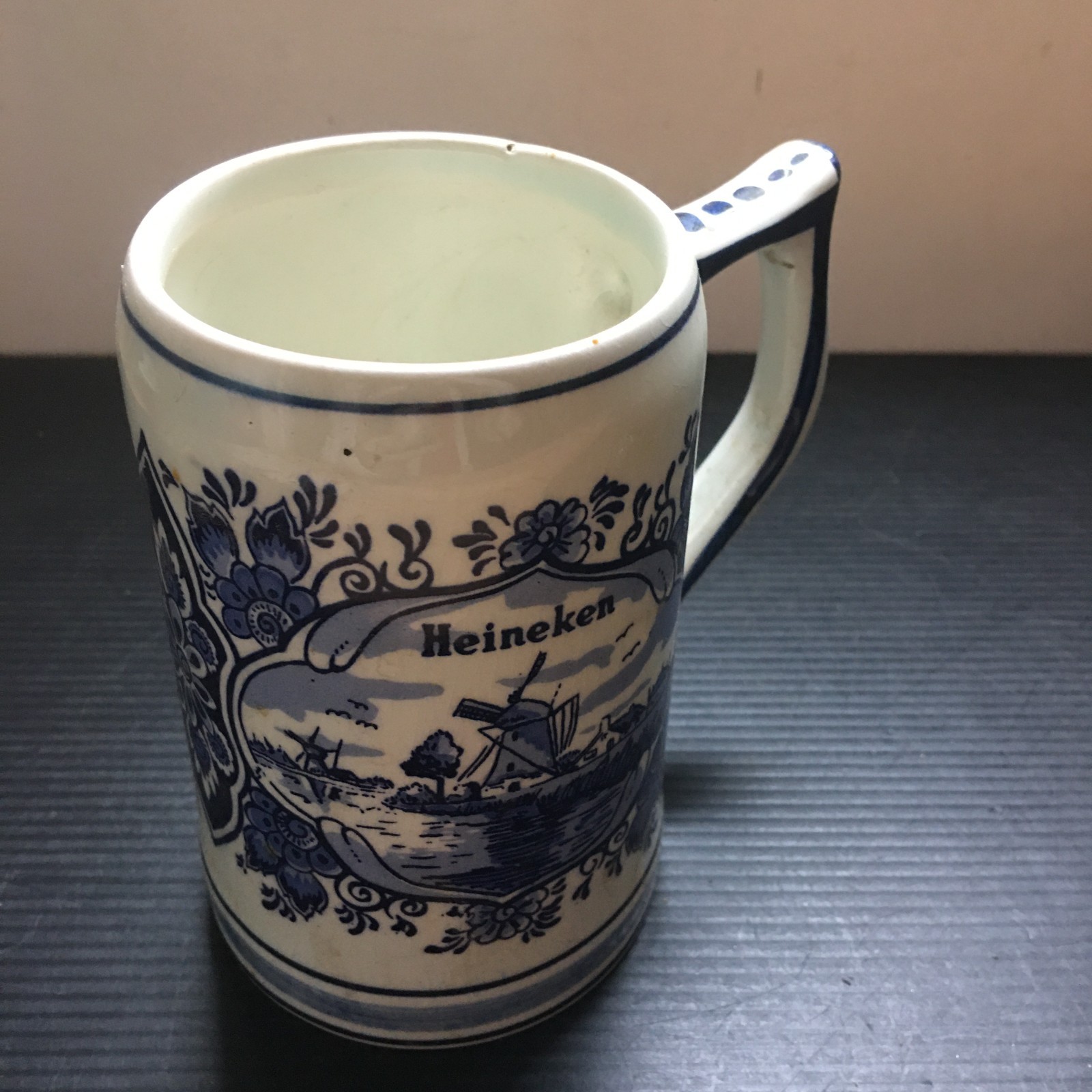 Vintage 1970s Heineken Beer Mug Hand painted Delft Blue Ceramic Made in Holland