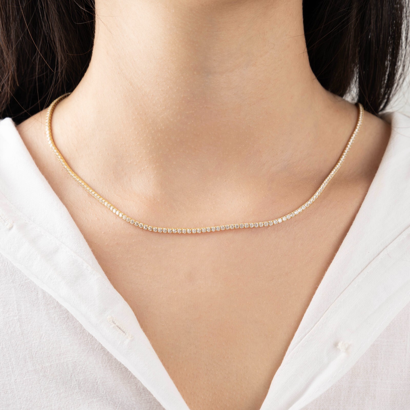 14k Gold Diamond Tennis Necklace, 3mm Round Diamond Tennis Necklace Women Her