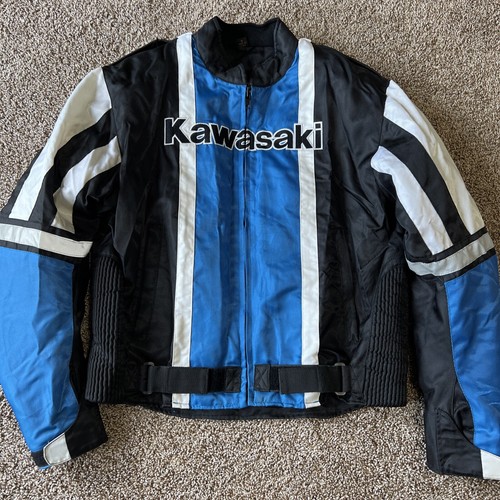 Vintage Kawasaki Mens Full Zip Up Racing Track Jacket Blue/Black Medium Armored
