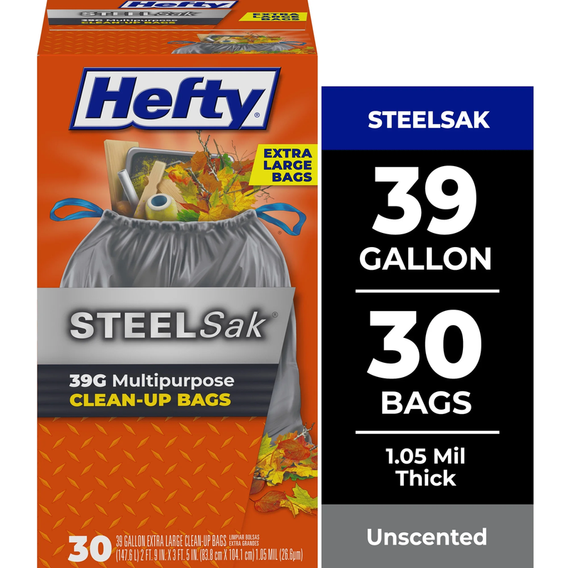 Steelsak Heavy Duty Large Trash Bags, Gray, Unscented, 39 Gallon, 30 Coun
