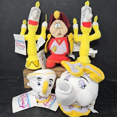 5 Pcs Disney Store ''Beauty & the Beast'' Lumiere, Mrs Potts & Cogsworth Plush NOS
