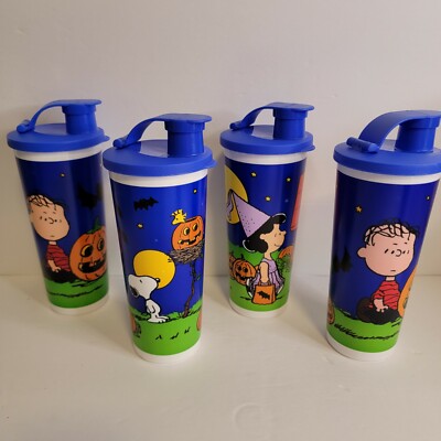 Tupperware 16 Oz Tall Tumbler Peanuts Halloween  Flip Top Seal Lid Set 4 