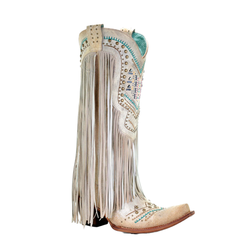 Pre-owned Corral Boots Corral Ladies Bone Crystal Pattern And Fringe Snip Toe Boot C3424 In White