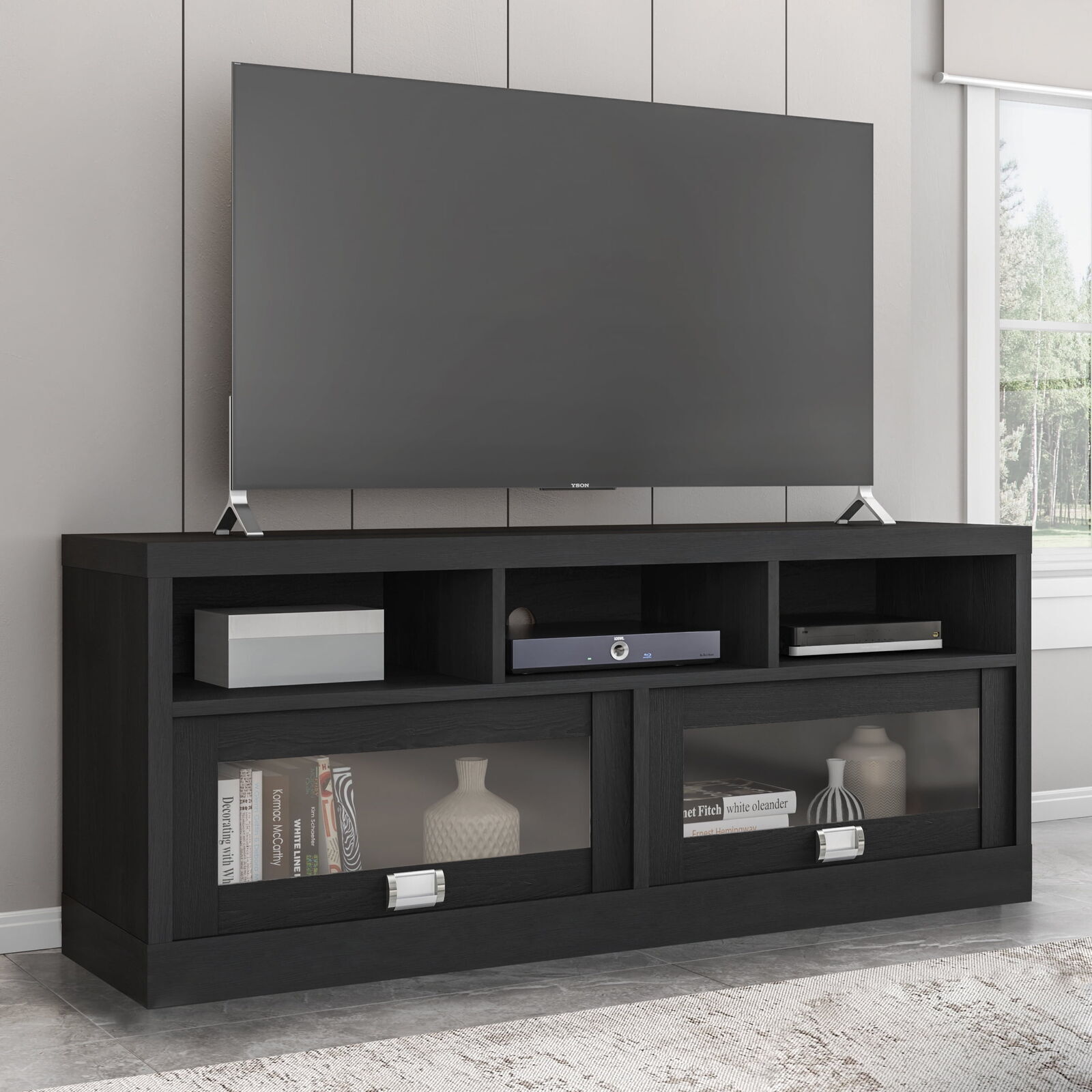 Cabinet Media Console Table 2 Glass Doors 3 Shelves Living R