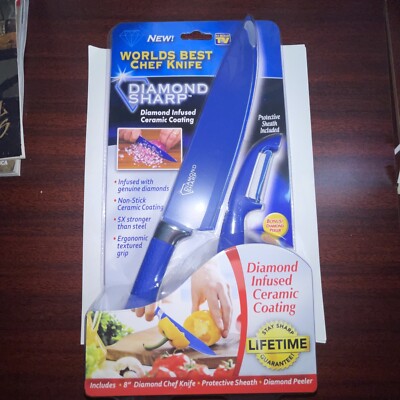 AS SEEN ON TV Diamond Sharp 8'' CHEF KNIFE Infused Ceramic Coating w/ Peeler NEW!