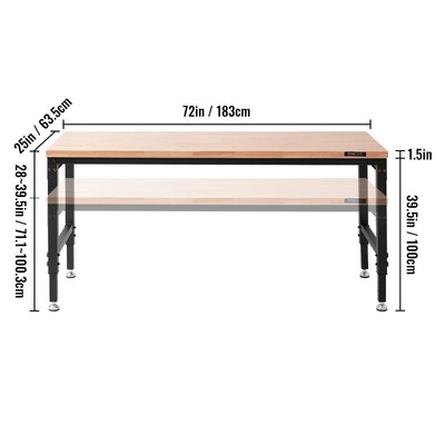 VEVOR Adjustable Height Workbench 72"L x 25"W Work Bench Table w/ Power Outlets