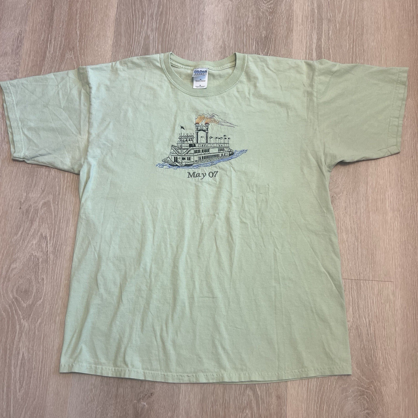 Vintage Paddle Boat Embroidered T-Shirt Lime Green Size XL Heavy Weight May 7th