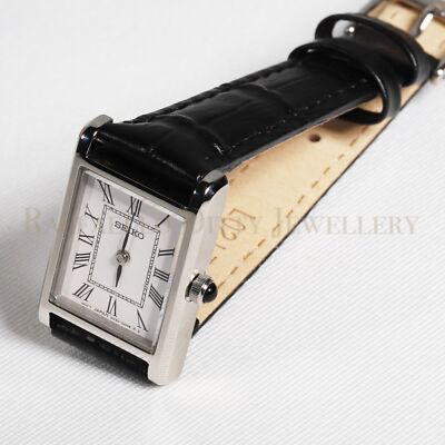 SEIKO Ladies Watch Quartz Rectangular White Dial Black Leather SWR053 Casual New