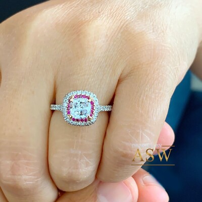 Pre-owned Asw 14k Solid White Gold Cushion Moissanite And Natural Diamonds And Ruby Ring 2.20