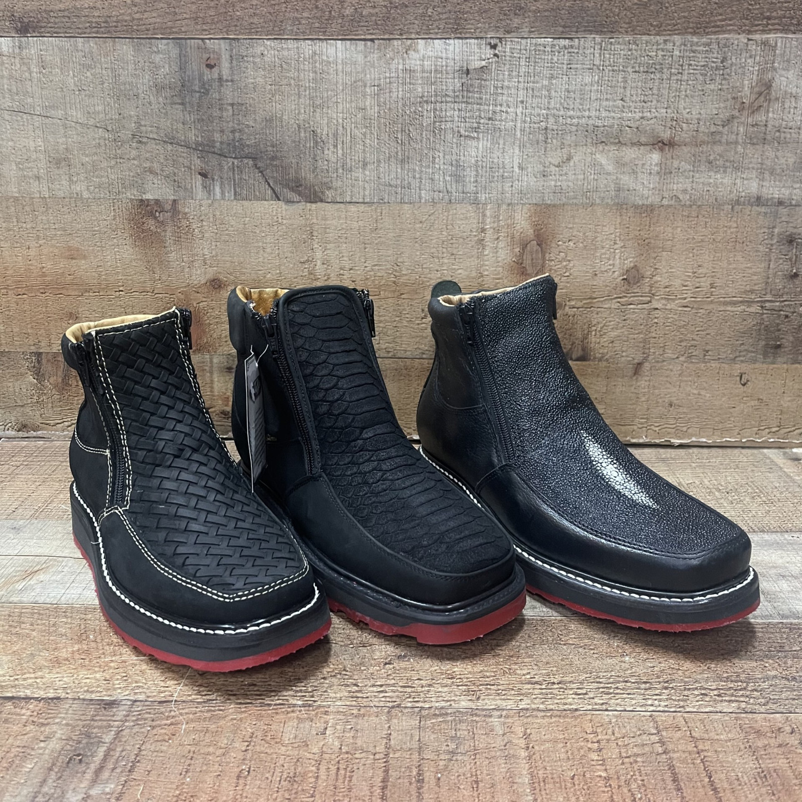 Men's Zip-Up Work Boots Leather Black with Red sole Square