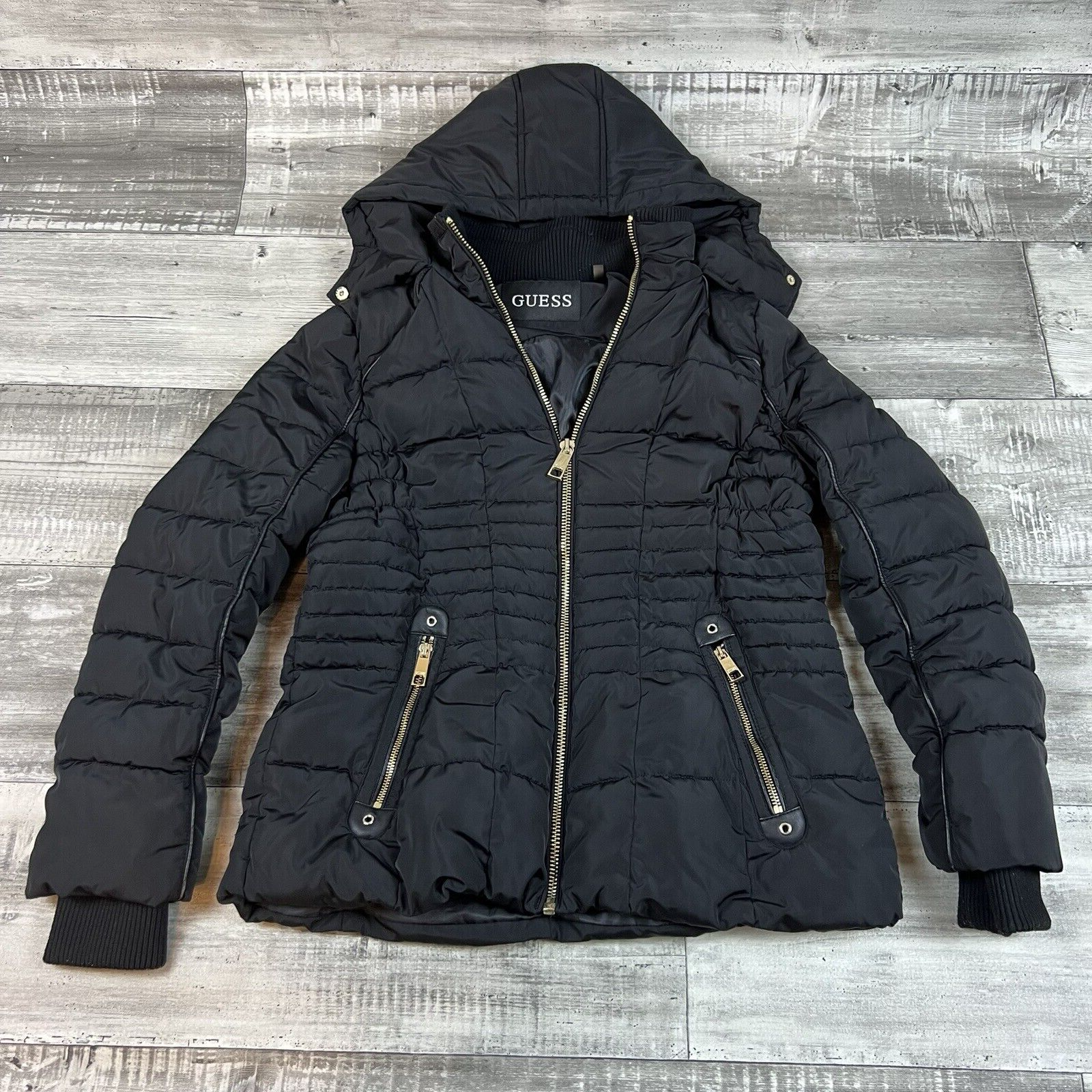 Guess Jacket Womens L Large Black Puffer Coat Full Zip Hooded Pockets Casual