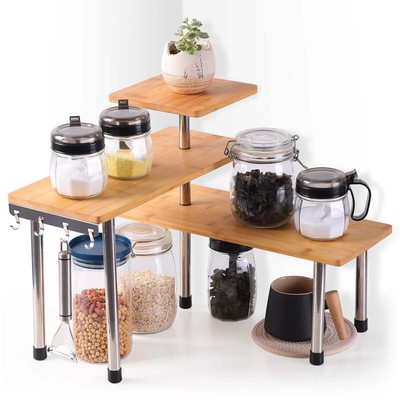 3 Tier Kitchen Desktop Corner Shelving Unit Bamboo & Stainless Steel Storage