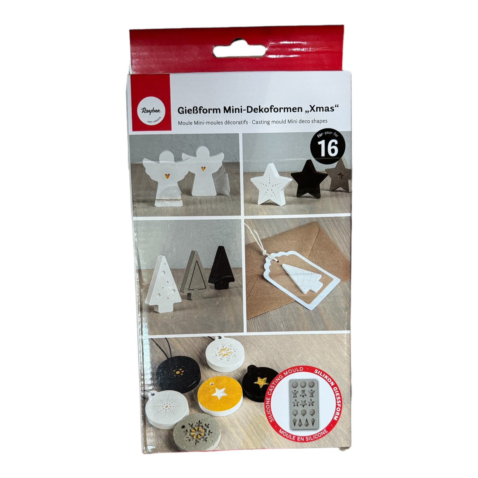 Rayher Silikon Gießform Mini-Dekoformen Xmas, 14,5x26x1cm, 16 Formen