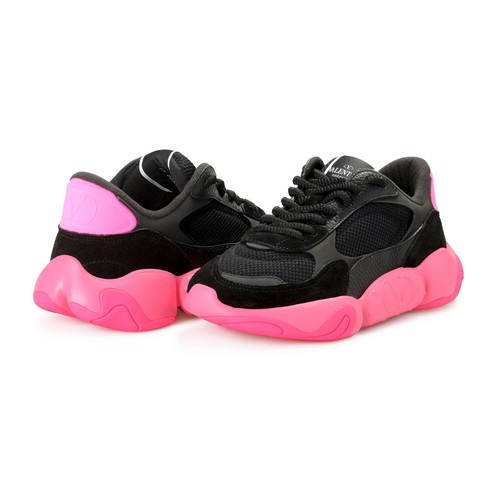 Pre-owned Valentino Garavani Men's Black Bubbleback Mesh And Suede Athletic Sneakers Shoes In Black/pink