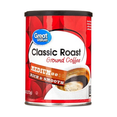 Great Value Classic Roast Medium Naturally Caffeinated Ground Coffee, 9.6 oz