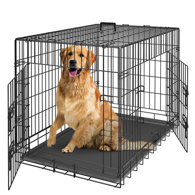 42" Large Dog Crate Kennel Folding Pet Cage 2 Door With Tray Indoor Dog House