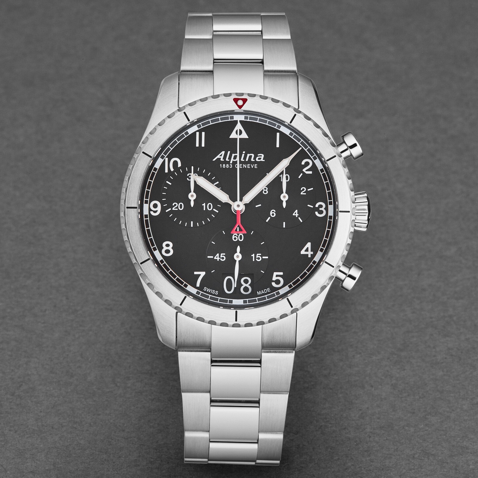 Pre-owned Alpina Men's Startimer Pilot Chronograph Black Dial Ss Bracelet Al-372bw4s26b