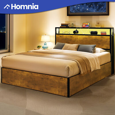 Queen Size Bed Frame Lift Up Storage Headboard Shelf LED Lights Charging Station