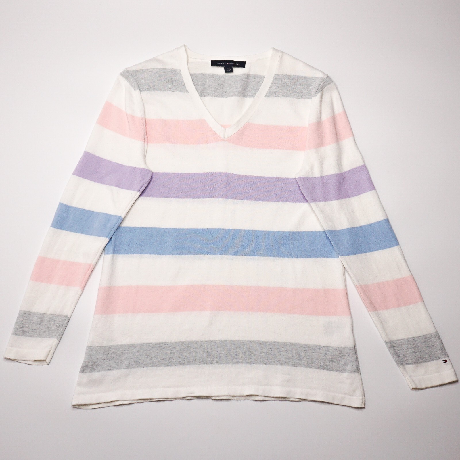 Tommy Hilfiger Womens Multicoloured V-Neck Knitted Cotton Jumper Large UK 14