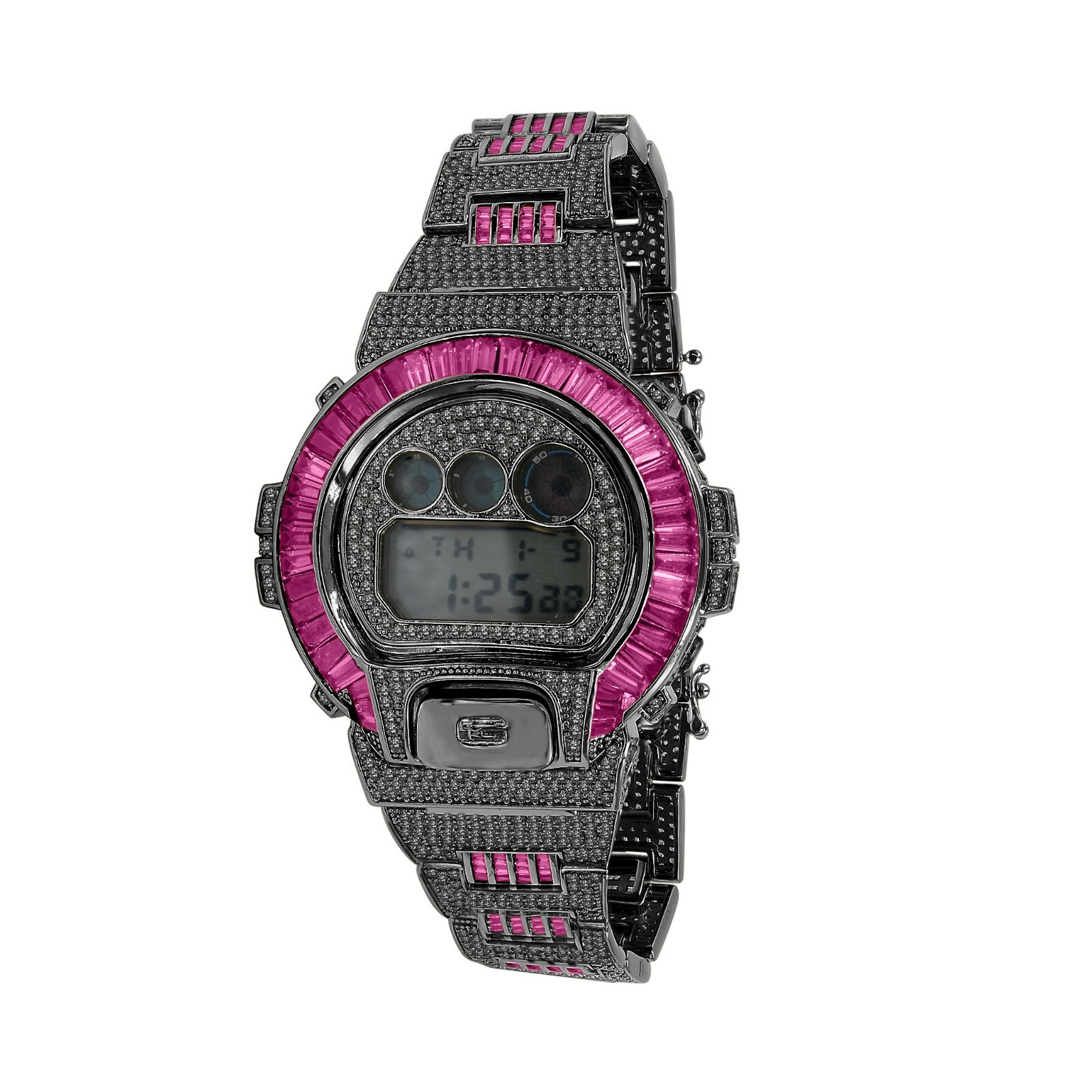 Pre-owned Icy Authentic Baguette Pink Tourmaline Black Gold Casio G-shock Dw-6900 Watch