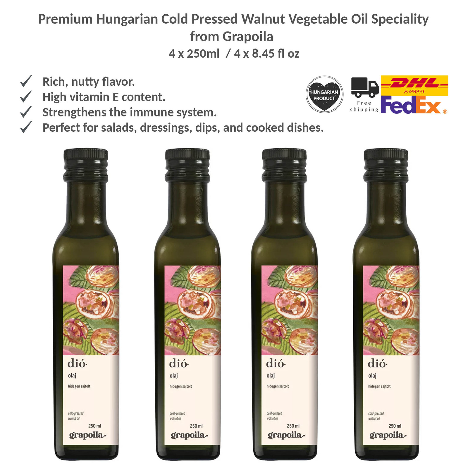 Grapoila Cold-Pressed Walnut Oil Specialty with High Vitamin E Content 4 x 250ml