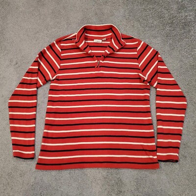 LL Bean Top womens Medium Red 1/4 Zip Striped Ribbed