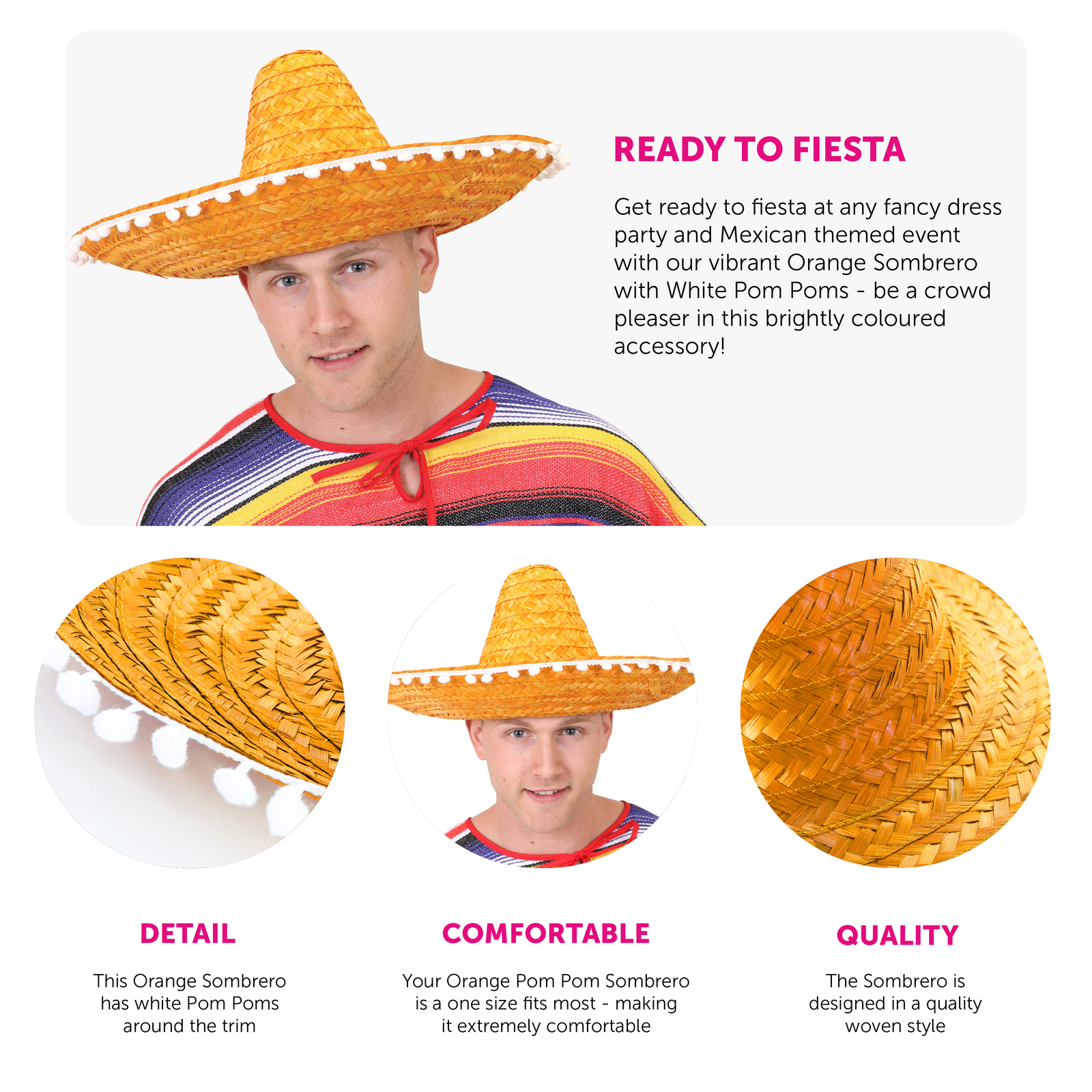 Sombrero Orange Velvet, 24” Across Brim, Authentic From Mexico Adult Sombrero – FESTMEX main image 3