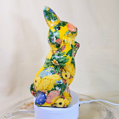 Decoupage Bunny Ceramic Pottery Flowers Easter Egg Bright Colors Garden Decor 9''