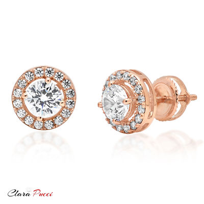 Pre-owned Pucci 1.5ct Round Cut Simulated Diamond Stud Halo Solitaire Earrings 14k Rose Gold