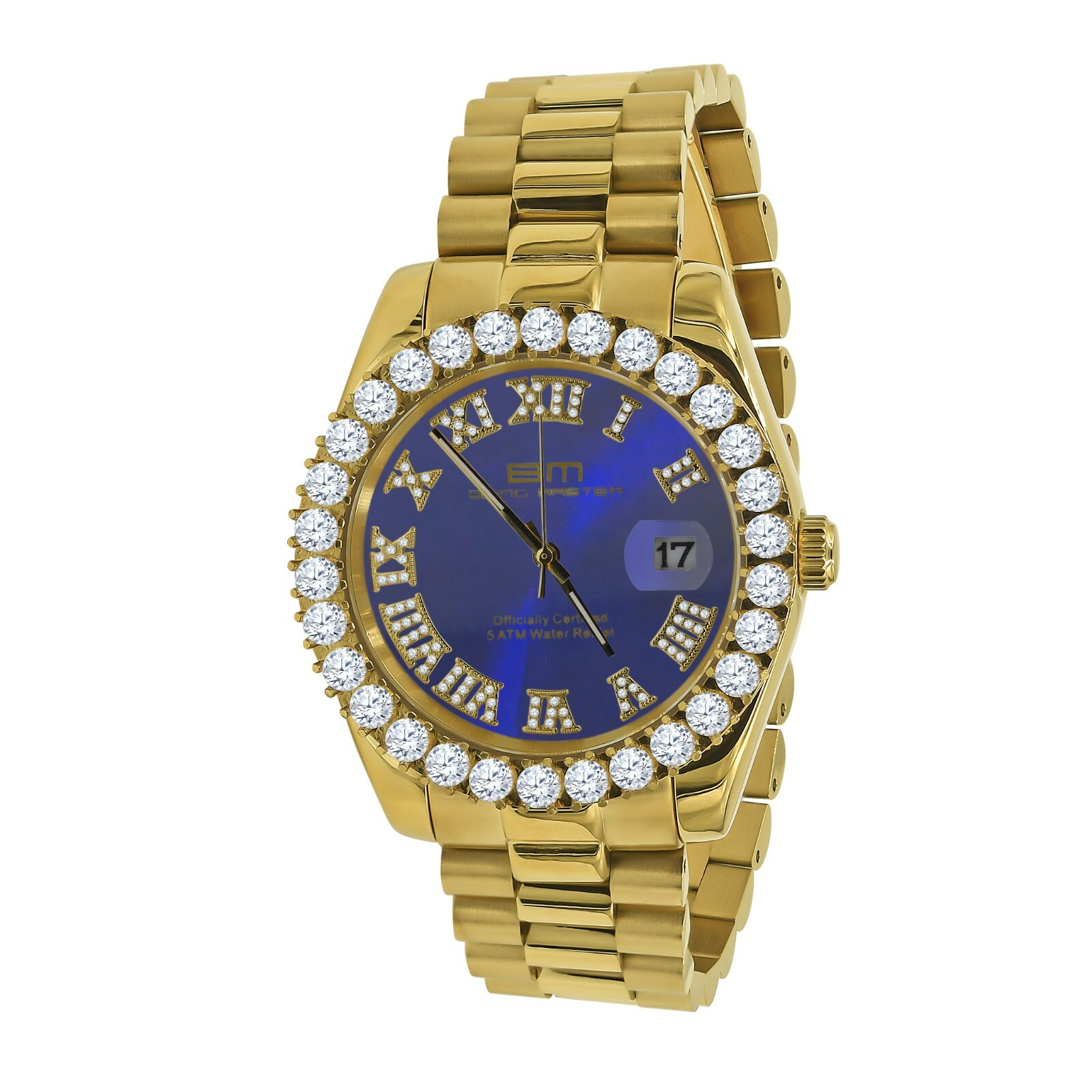Pre-owned Bling Master 18k Gold Finish Solid Steel Blue Dial Simulated Diamonds Presidential 42mm Watch