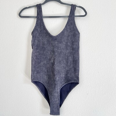 Womens Tank Ribbed Bodysuit Snap Closure Solid Blue Gray V-Neck One piece Soft