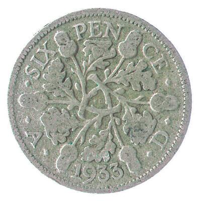BRITISH 6 PENCE SILVER COIN - KING GEORGE V 4th COINAGE 1927