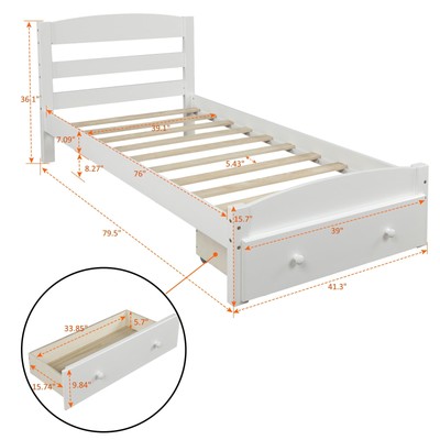Twin Bed Frame with Storage Drawer, Wood Slat Support, No Box Spring, White