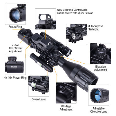 4-16x50 EG Rifle Scope W.Holographic 4 Reticle HD Red Dot Sight & Green Laser US