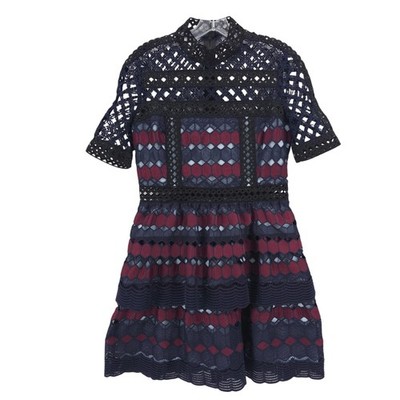 SELF-PORTRAIT Hexagon Lace Dress Navy Burgundy Tiered Mock Neck Zip US 8