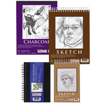 4 Sketching and Drawing Paper Pads, Spiral Bound Sketch, Draw, Charcoal Pencil