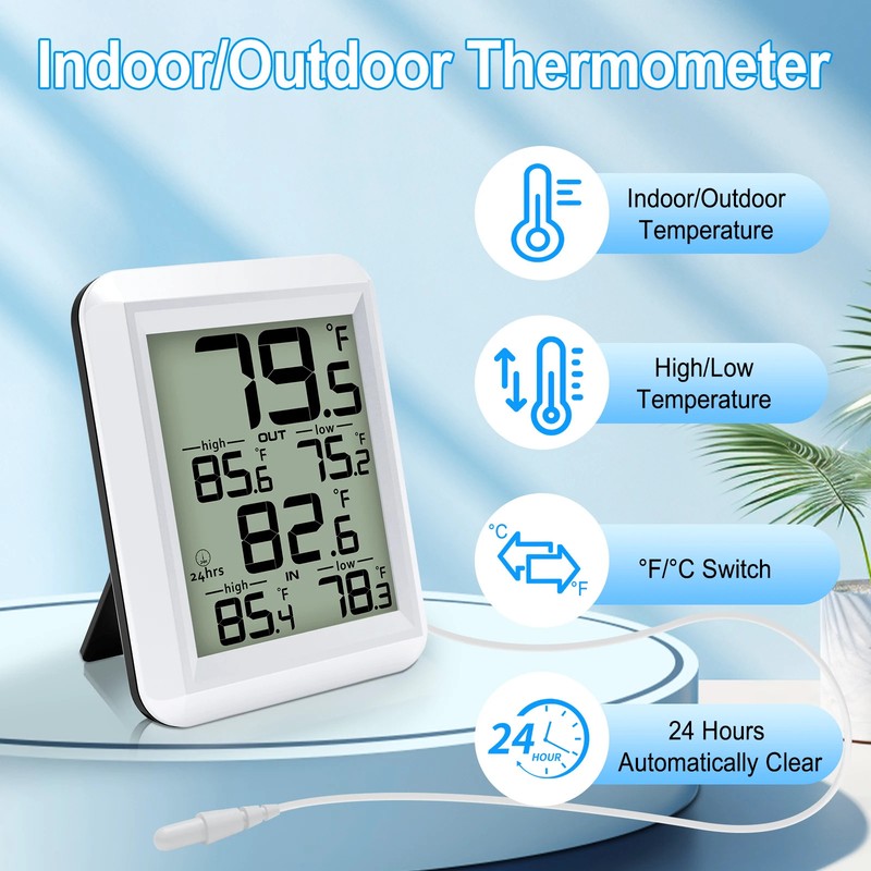 Digital In/Outdoor Thermometer Wired Monitor with Min/Max Record and Probe Senso