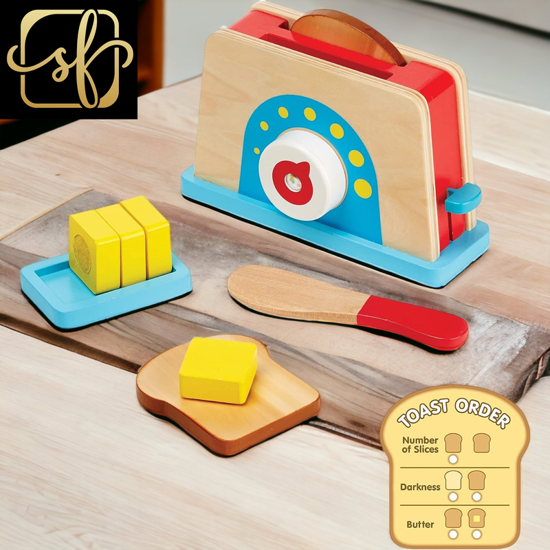 Bread and Butter Toaster Set (9 Pcs) - Wooden Play Food and 