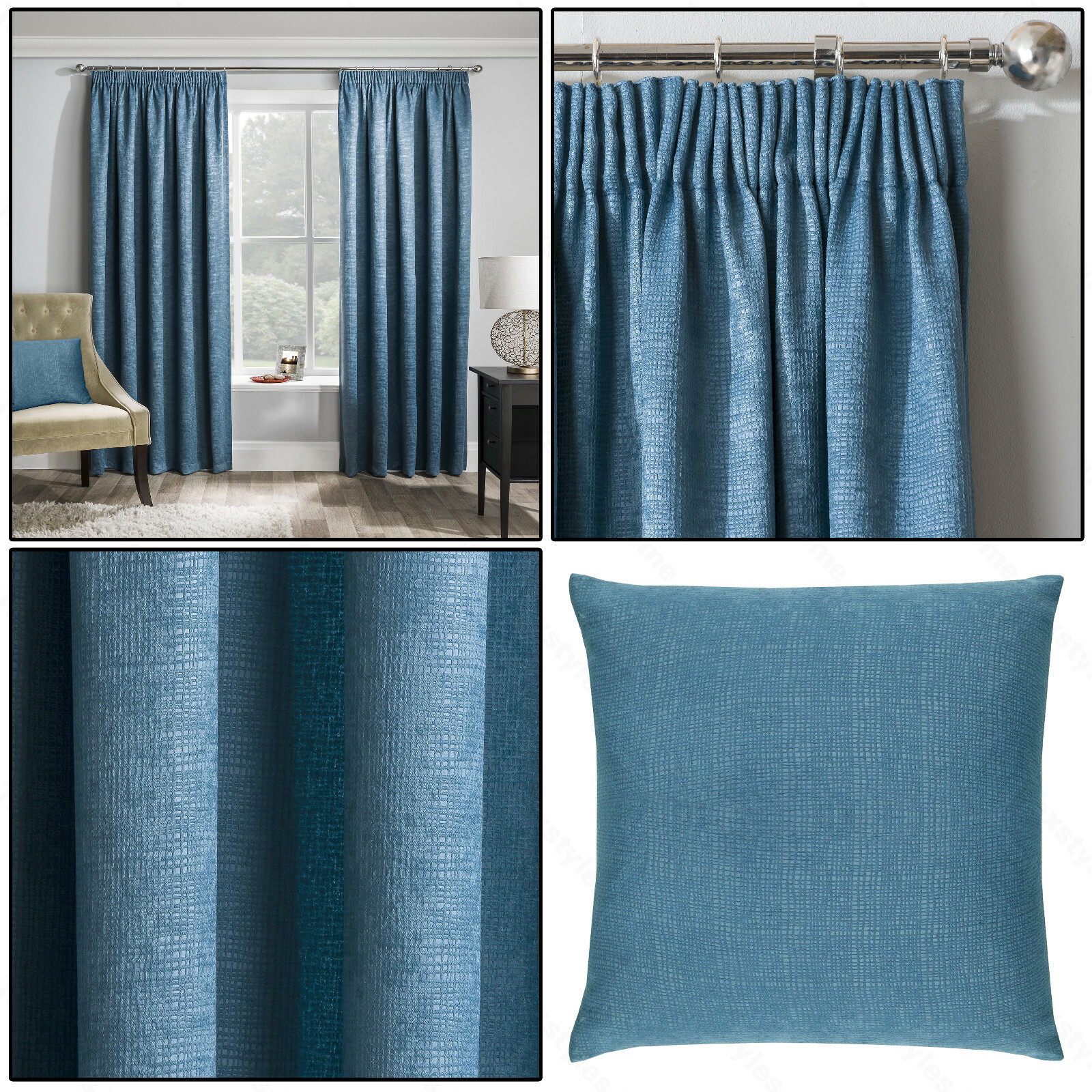 Teal Blue Thermal Matrix Blockout Lined 3 Tape Top Pencil Pleat